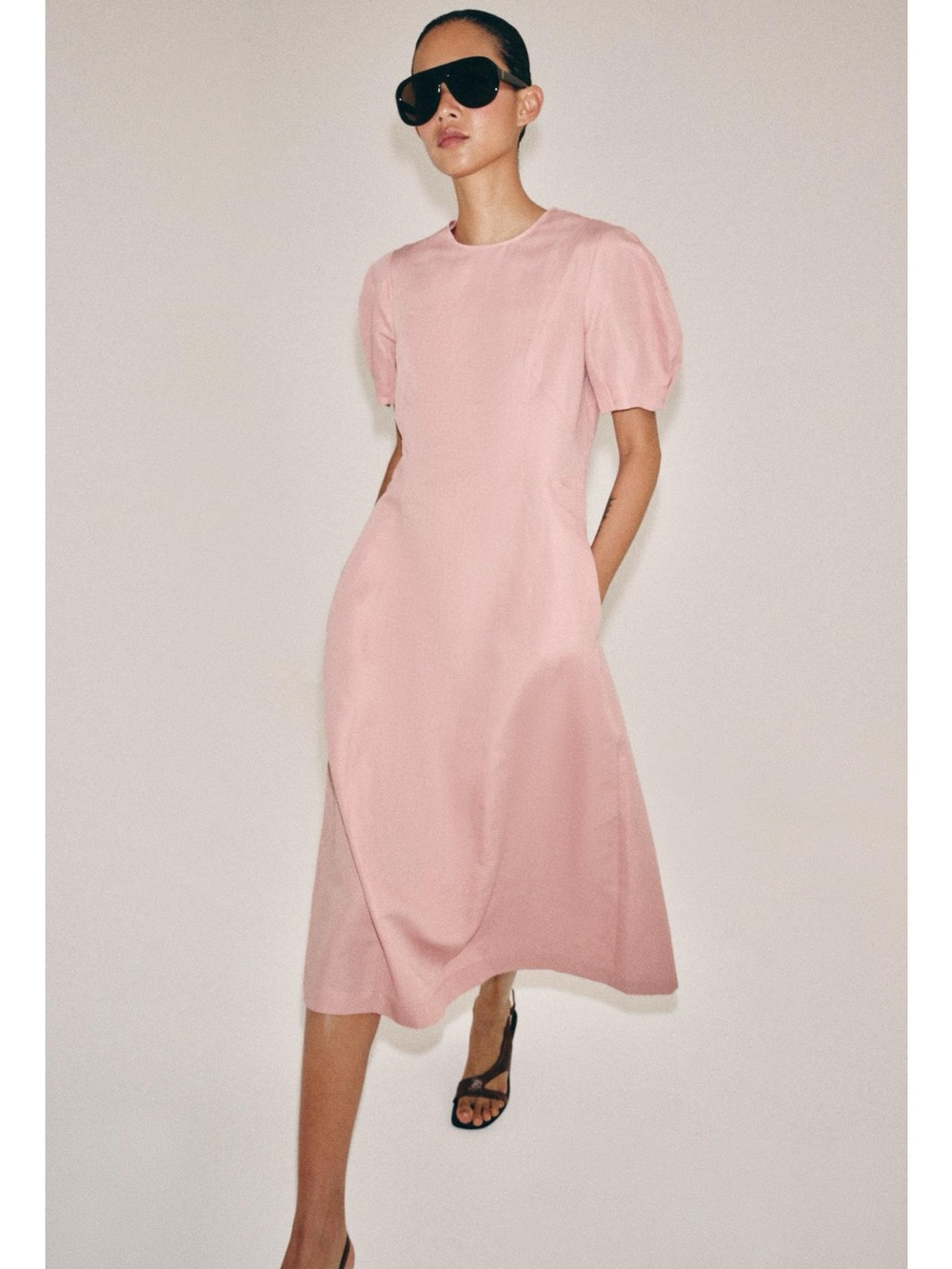 Zara Light Pink Puff Sleeve A-Line Linen blend midi Dress#22929 - Picture 5 of 9